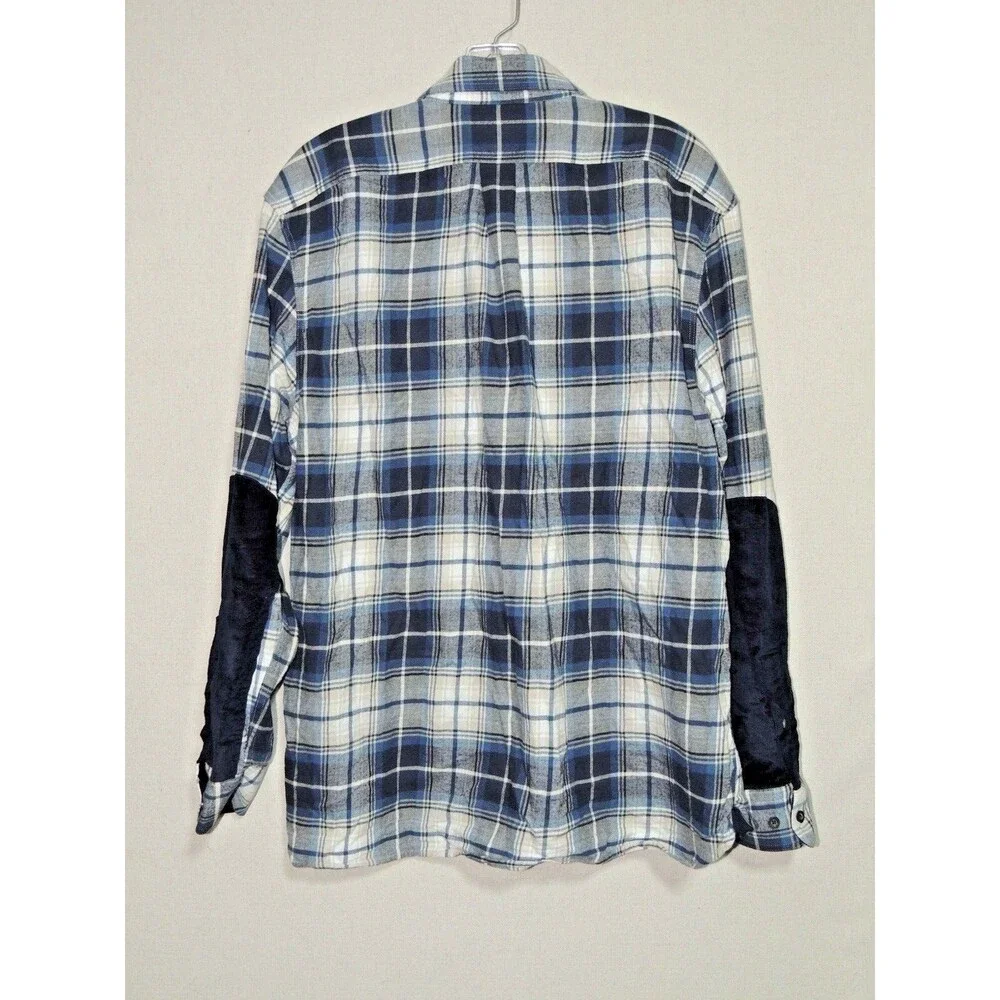 Banana Republic Flannel Shirt‎ Mens Large Blue Plaid Elbow Patch Organic Cotton